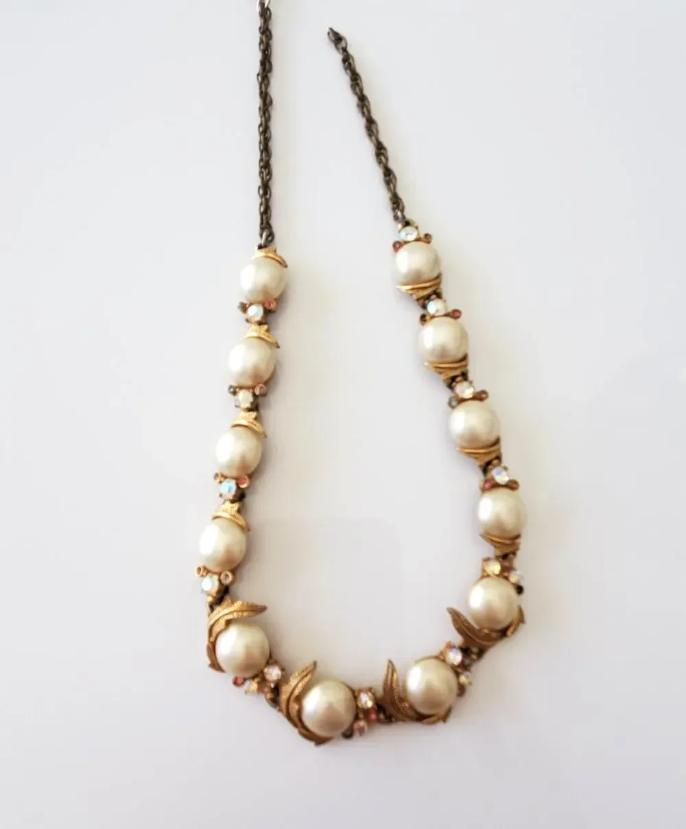 Vintage Art Designer Faux Pearl and Rhinestone Necklace